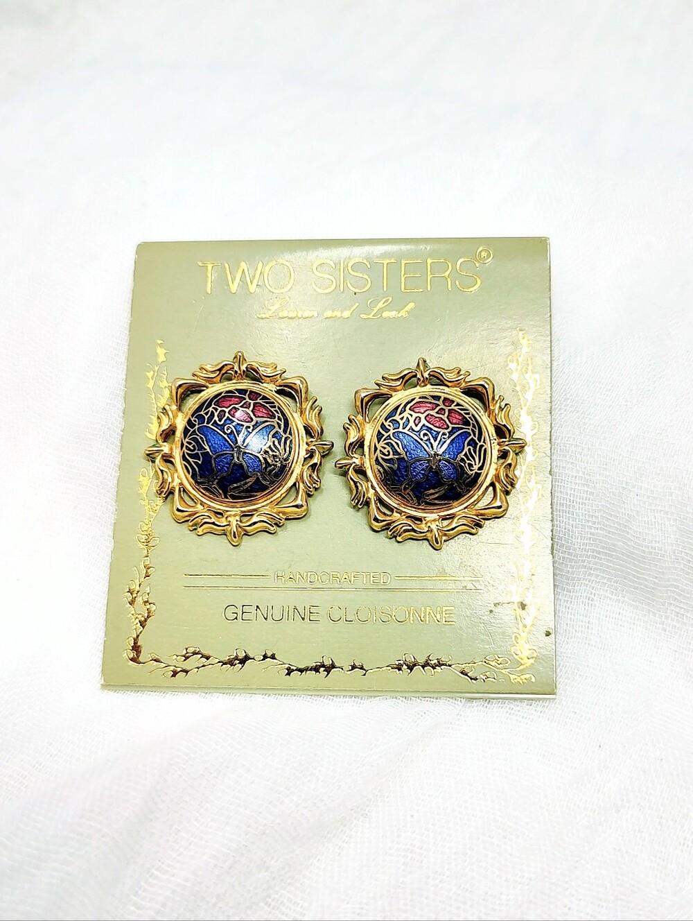 Two Sisters Vintage Genuine Cloisonne Gold And Jewel Tones Clip On Earrings